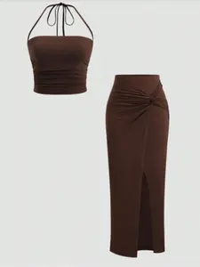 Women's Sexy Two-Piece Knot Top and Half Skirt Set, Strapless Short Blouse, Sleeveless, Fashionable for Casual Wear, Womenswear, Stretchy Outfit Sets