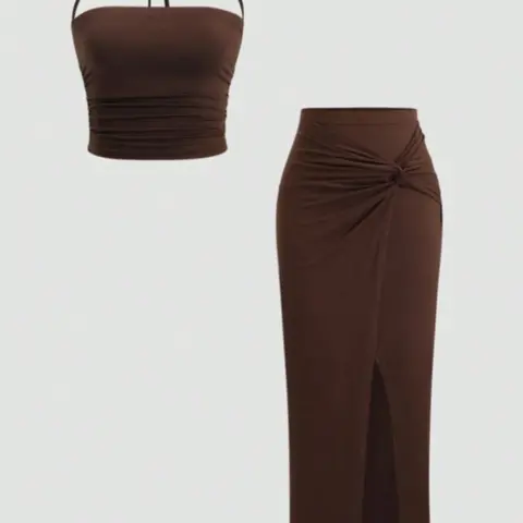 Women's Sexy Two-Piece Knot Top and Skirt Set, Sleeveless Crop Top, Fashionable for Casual Wear, Stretchy Outfit, Outfits Set