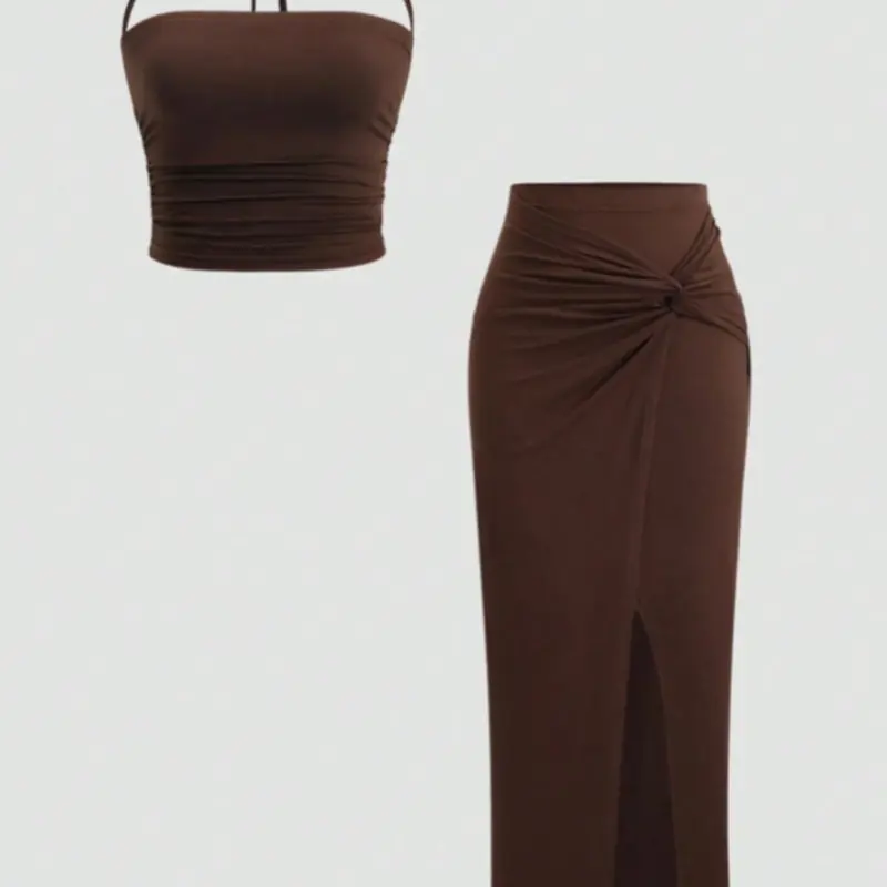 Women's Sexy Two-Piece Knot Top and Skirt Set, Sleeveless Crop Top, Fashionable for Casual Wear, Stretchy Outfit, Outfits Set