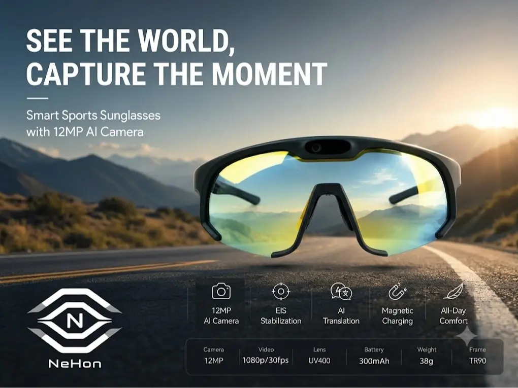 Nehon Smart AI Sports Sunglasses with 12MP HD Camera 6-Axis EIS Video Anti-Shake Real-time Translation UV400 TR90 Ultralight Cycling Eyewear