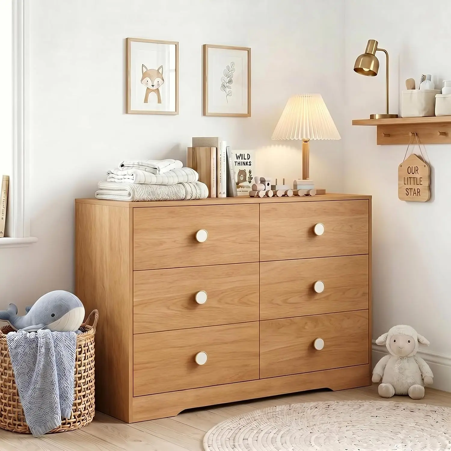 Wood Dresser for Bedroom, Modern Baby Dresser for Nursery, Large 6 Drawer Closet Dresser for Clothes, Sturdy Storage Chest of Drawers