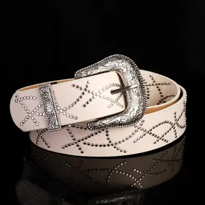 Western Retro Rhinestone Studded Belt Y2K Engraved Metal Buckle Belt For Streetwear