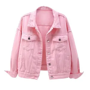 2025 New Women's Pink Open Front Long Sleeve Fitted Denim Jacket Colorful Plus Size Casual Minimalist Spring Summer Outerwear