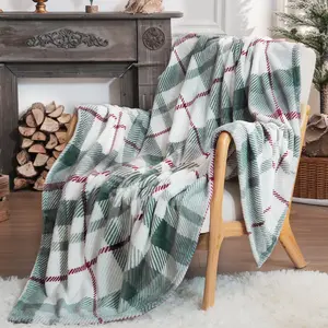 Plaid Fleece Throw Blanket Super Soft Luxurious Cozy Polyester Bedding Blanket for Home Decor All Season Sage Green