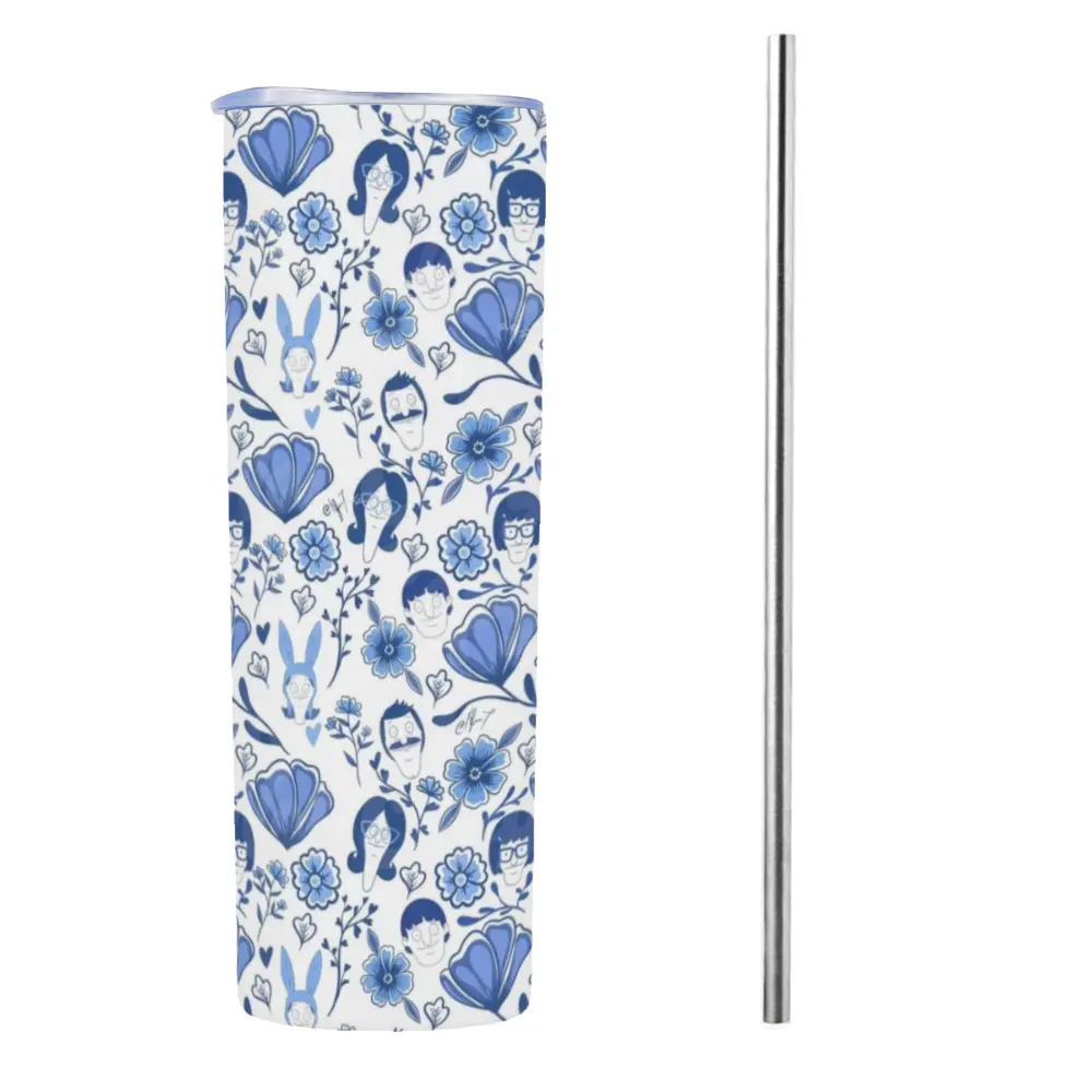 Bob's Burgers Blue Floral Toile Skinny Tumbler, Belcher Family 20oz Insulated Stainless Steel Travel Cup with Straw Portable Reusable Vacuum Insulated Tumbler with Carry Handle,Ideal for Camping & Hiking, Hydration Tumbler