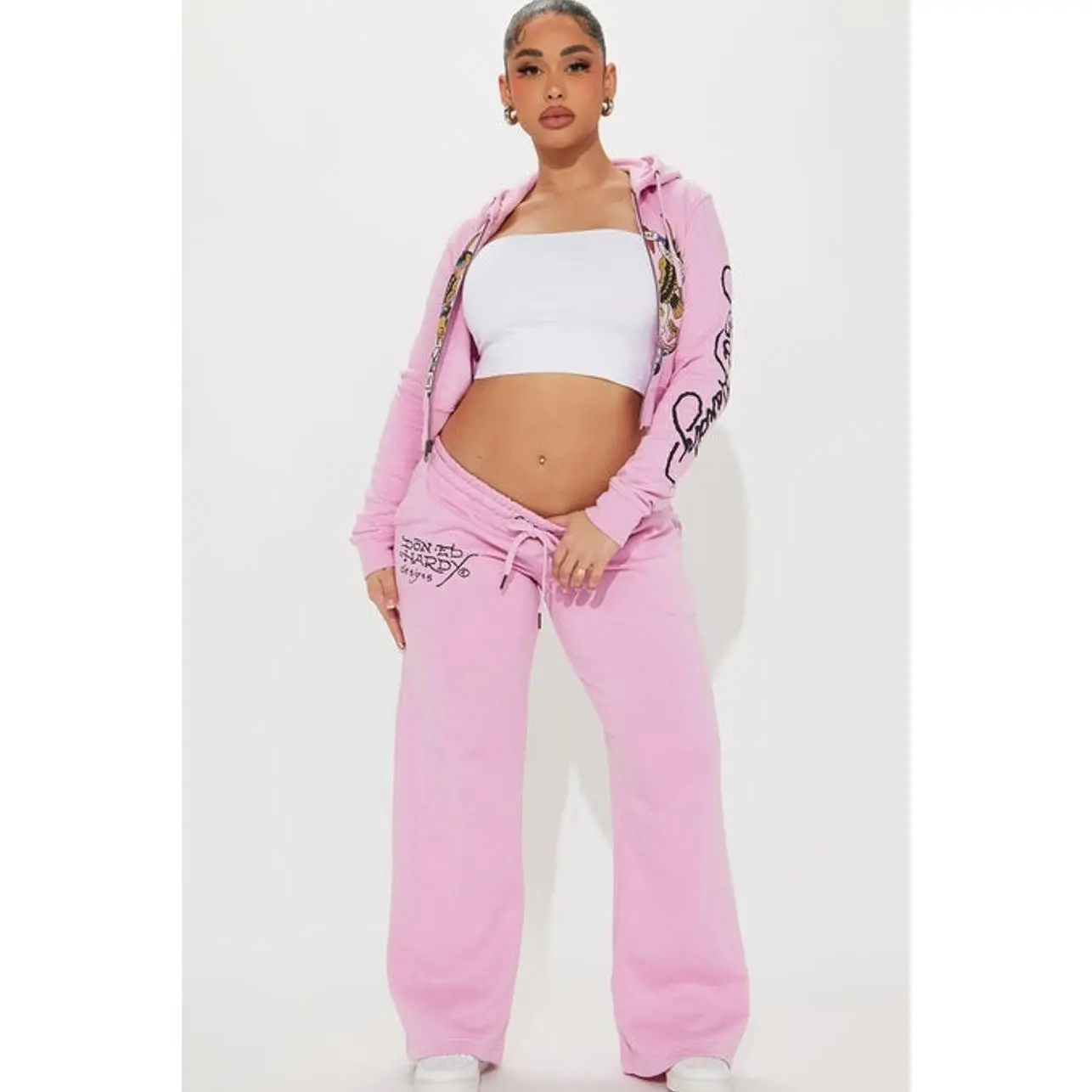 Women's Ed Hardy New York Eagle Graphic Hoodie Pant - Pink 2, Polyester Garment with Drawstring
