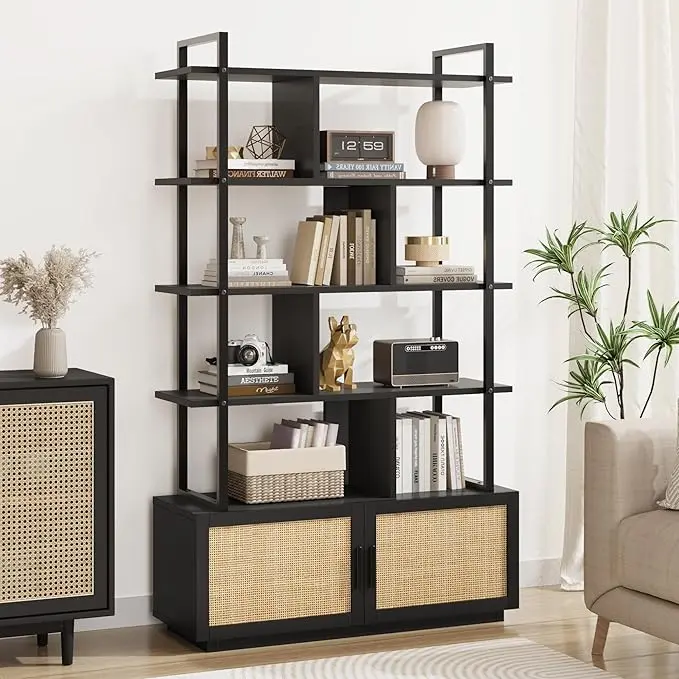 Industrial Style 5-Tier Rattan Bookshelf with Cabinet, 71.1 Inch Tall Bookcase with Open Display Shelves and Metal Frame for Living Room or Bedroom