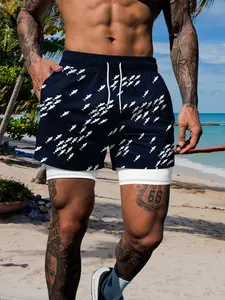 Men's Double-Layer Beach Shorts, White School of Fish Print Anti-Chafe Liner 2-in-1 Straight Shorts, Elastic Drawstring Waist, Outdoor Training Running Summer Casual Vacation Swim Trunks