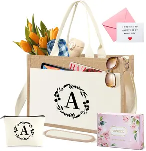 Tote Bag for Women&men, 2 piece Floral Initial Beach Bag with Makeup Bag, Personalized Customized Friend Birthday Grandma Mother Gifts, Gift Box, Greeting Card,girl fashionable shopping bag for spring,casual large capacity for everyday handbag