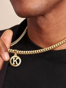 Hot Selling Vintage Luxury Style Hollow Out Geometric Design 26 Letters Pendant Necklace, Necklace Initial, Stainless Steel Cuban Link Chain, Unisex Fashion Jewelry Gift for Valentine's Day, Christmas, Anniversaries