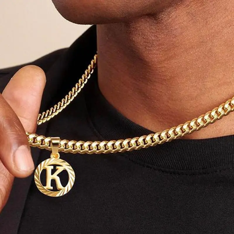 Vintage Luxury Hollow Out Geometric Design 26 Letters Pendant Necklace, Alphabet Letter Necklace, Initial, Stainless Steel Cuban Link Chain, Unisex Jewelry Gift for Valentine's Day, Christmas, Anniversaries