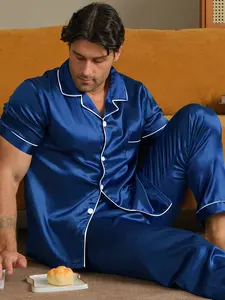 Men's Satin Sleepwear Set Short Sleeve Long Pants Classic Style Smooth Home Wear, Comfortable Nightwear for Men Pajama Set Pjs Loungewear