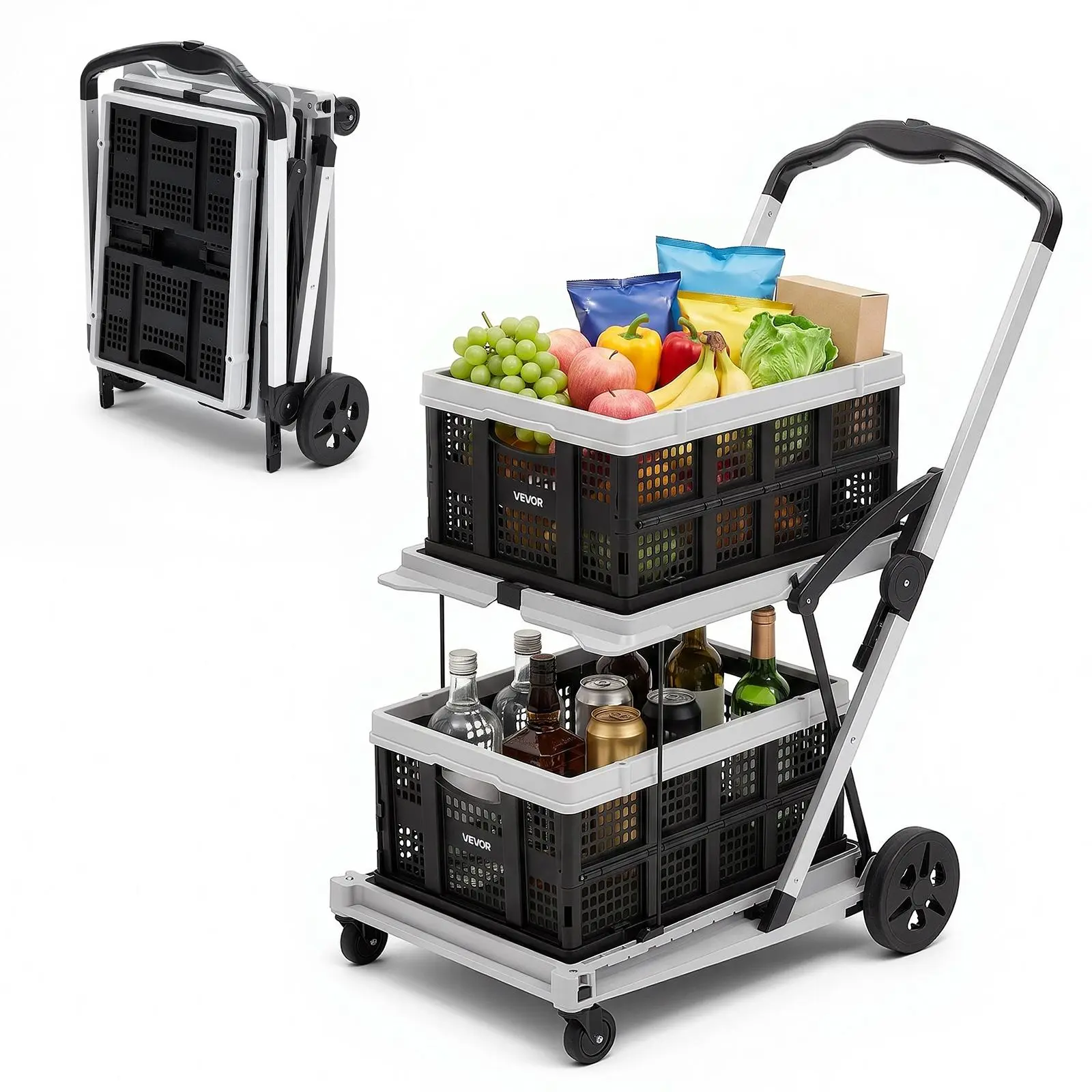 VEVOR Collapsible Shopping Cart with Wheels Foldable for Grocery Black Gray, 200lbs Capacity Rolling Utility Cart, Storage Crate & Foot Brake, Portable Folding for Groceries, Warehouse, Supermarket#BackToSchool