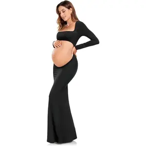 Maternity Dress for Photoshoot Black Long Sleeve Gown Open Belly Backless Bodycon Pregnancy Dresses for Women