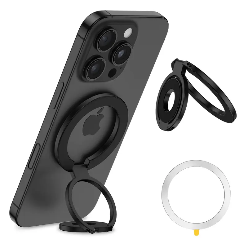 2-in-1 Magnetic Mobile Smartphone Holder & Mount - Fold-Flat Travel Metal Alloy Accessory, 360° Rotation, 180° Fold Stand, 2-Side Metal Hold, Thumb Grip, Secure Grip, Easy Installation, Wireless-Compatible, Portable with Ring for All Cellphones