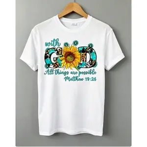 Sunflower Print Crew Neck T-shirt, Short Sleeve Casual Top for Summer & Spring, Women's Clothing, Leisure Style, Golf Gift T-Shirt For Men and Women