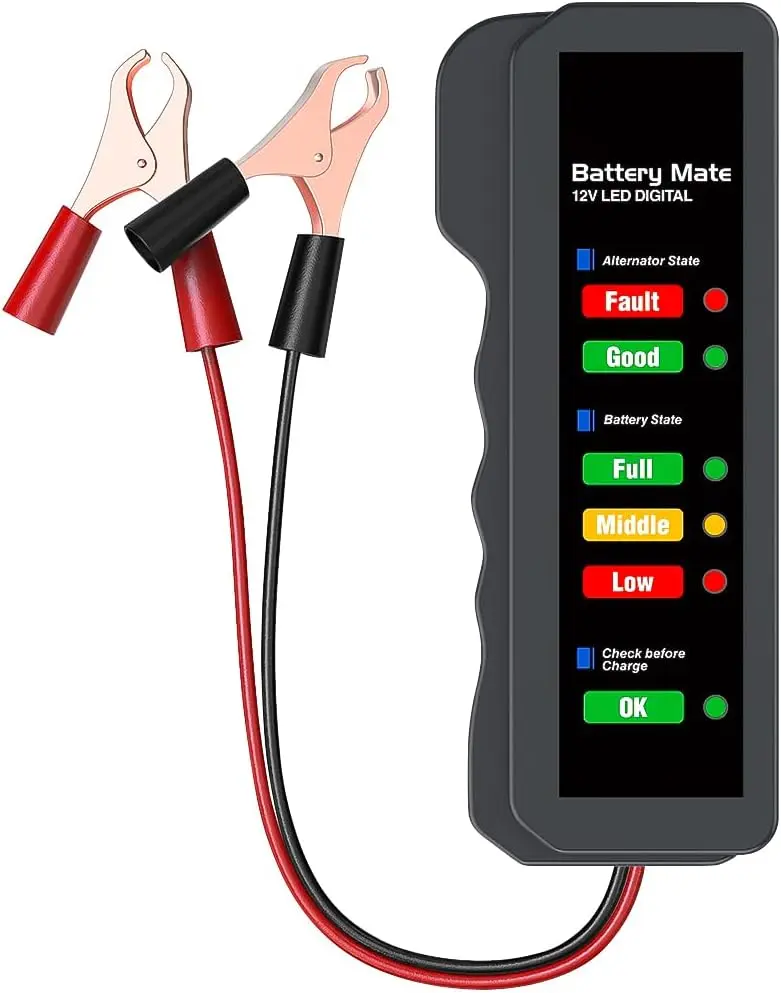 BM310 Small Handheld Automotive Diagnostic Tool - 6 LED Light, Copper Wires, 12V Digital Battery Tester for 12V Cars, Alternator Check, Charge & State Detection