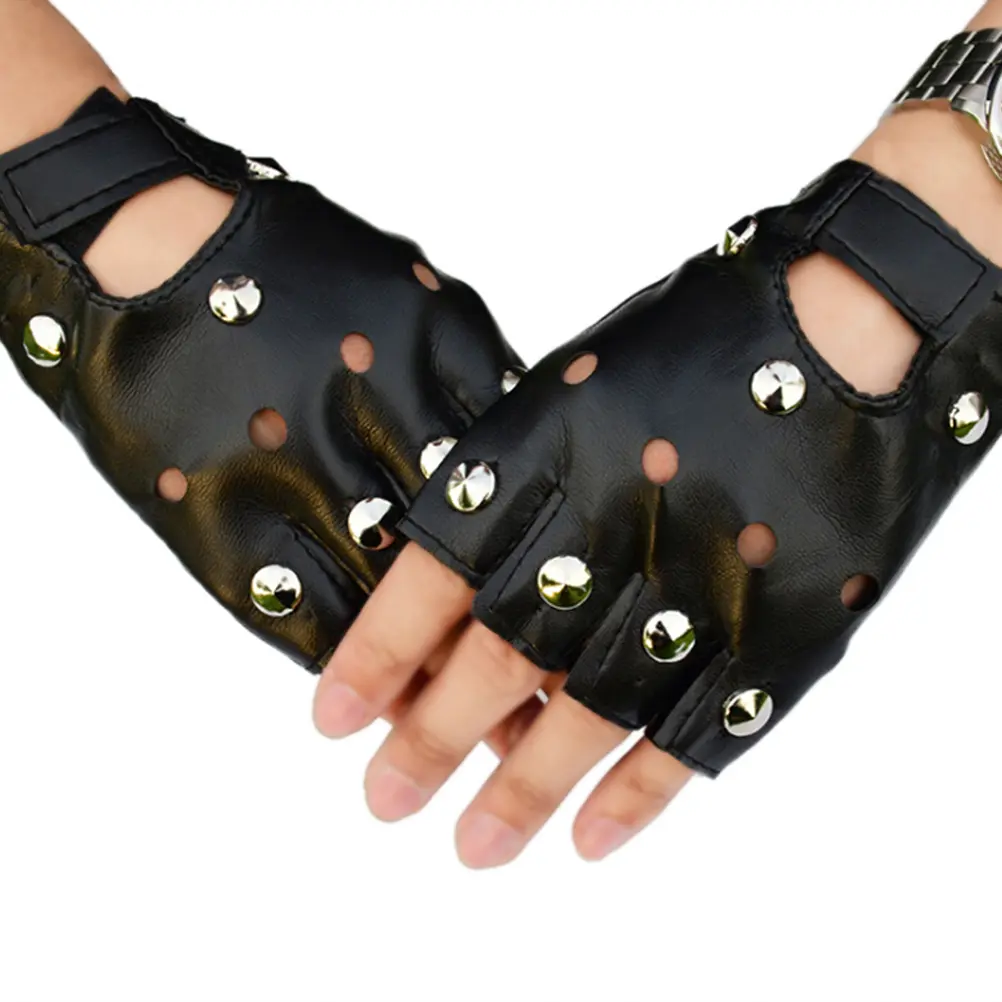 Leather Fingerless Short Gloves Black Rivets Stud Half Finger Mittens Fashion