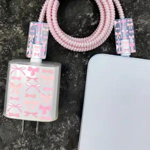 5pcs Pink Bow Set, Scattered Arrangement, for Charger Case, Cartoon Winding Rope Anti-Damage Data Cable Protective Cover, Charger Case, Red Charger Protector, Charger Cable Protector, Charger Cover, Charging Cable Protector, Charger Protection