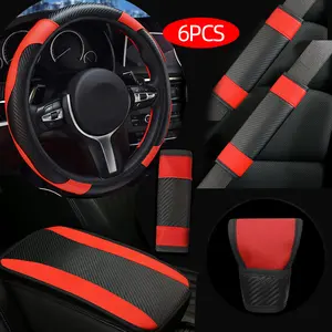 Carbon Fiber Leather Car Steering Wheel Cover Set 6pcs Suitable for 14.96 Inches, Universal Shoulder Safety Belt Cover, Hand Box Pad, Gear Knob Cover, Interior Set Combination, Suitable for Men and Women