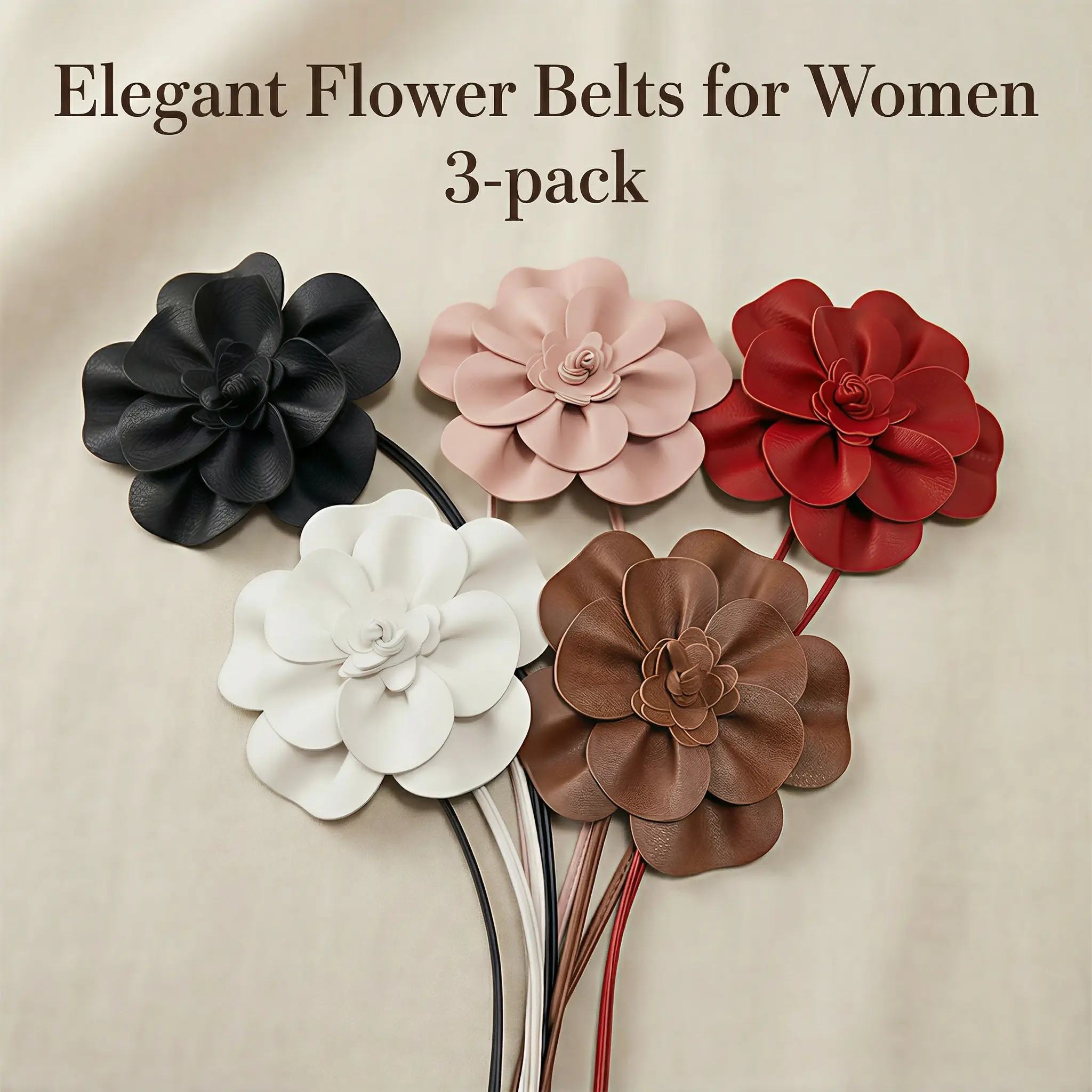 3-Pack Floral Cinch Belts for Women, Elegant Stretchy Band with 3D Flowers & Rhinestones for Dresses & Coats, Gift for Moms, Unisex, Hook, Fashion Belt, Decorative Belt