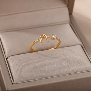 Tiny Initial Letter Rings For Women Stainless Steel A-Z Letters Adjustable Ring Female Christmas Aesthetic Jewelry bijoux femme