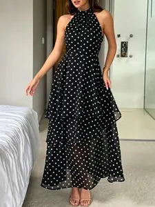 Boho Polka Dot Maxi Dress for Women Fashion Summer Sleeveless Halter Neck A-Line Mesh Dress Sexy Slim Elegant Party Dress Casual Daily Wear