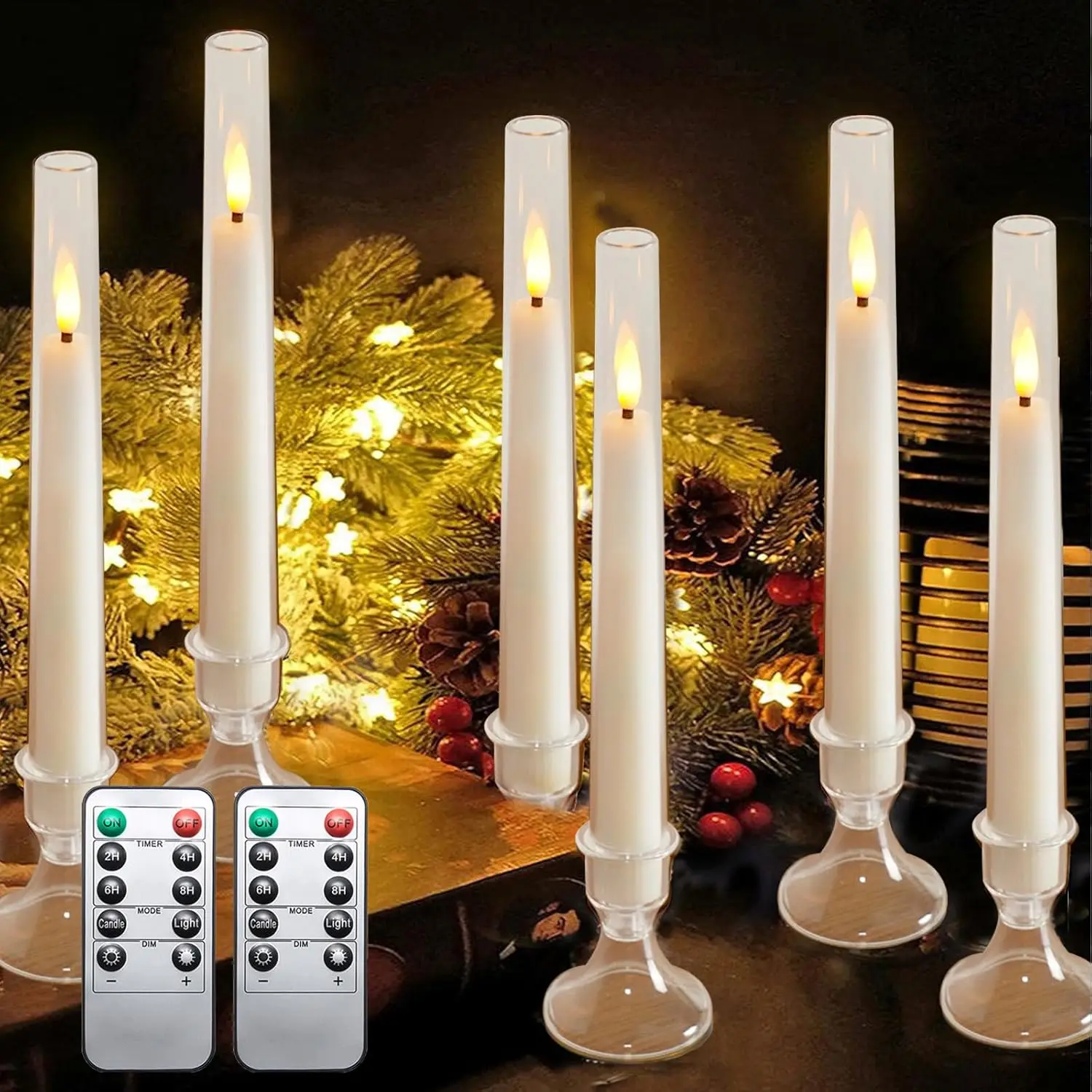 White Flameless Window Candles,  Operated Taper Candles, 6 count Christmas LED Candlesticks,  Christmas Flickering Candlelights with Remote Timer H9.45"