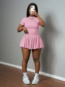 VVZ New Summer Elegant Women's Ribbed Crew Neck Short Sleeve Top and Mini Skirt Two Piece Set