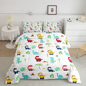 Cartoon Dinosaur Comforter Set,Full Size 3D Digital Print Comforter,Palm Tree Leaf Bedding Set,Jungle Dino Red White Duvet Set,Room Decor Quilt Set