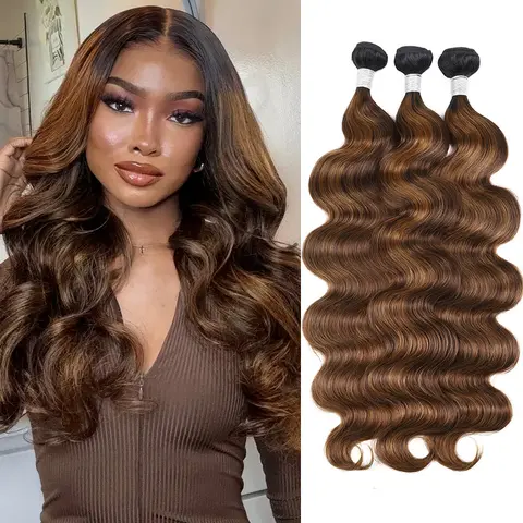 Ombre Brown Highlight Body Wave Human Hair Weave Sew in 1 3 4 Bundles Brazilian Remy Hair Dark Root Blonde Human Hair Weaves Extension Piano Color