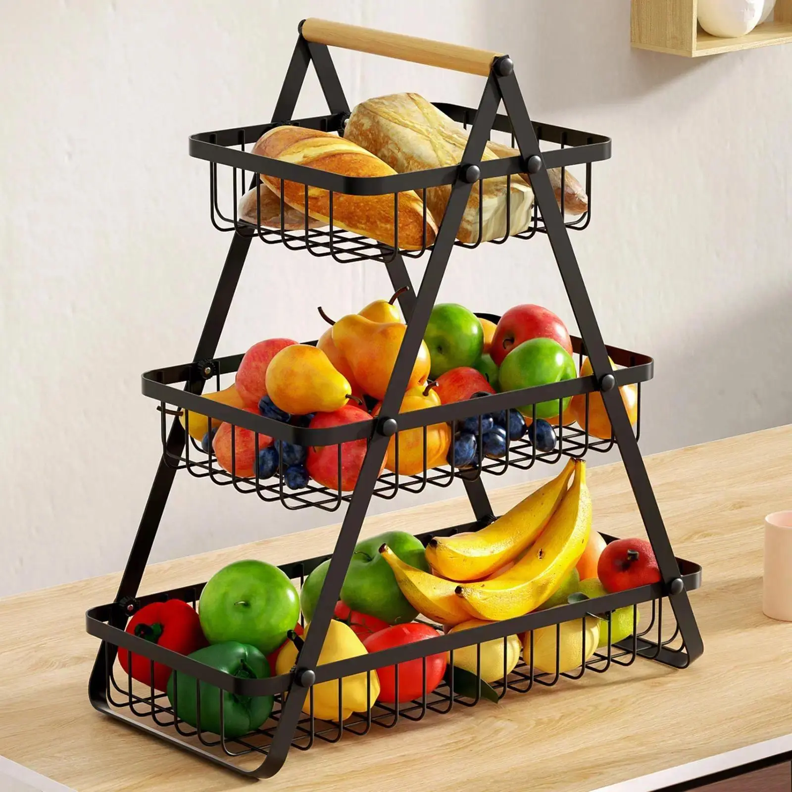 Metal Wire Fruit Vegetable Basket - 2&3 Tier Detachable Countertop Organizer with Wooden Handle for Bread, Snacks, Modern Home Supplies, Kitchen Storage Holder Bread Rack