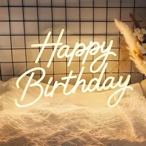 Dimmable Happy Birthday LED Neon Light Up Sign with 10 Balloons for Birthday Party Decorations Backdrop Wall Decor, Warm White