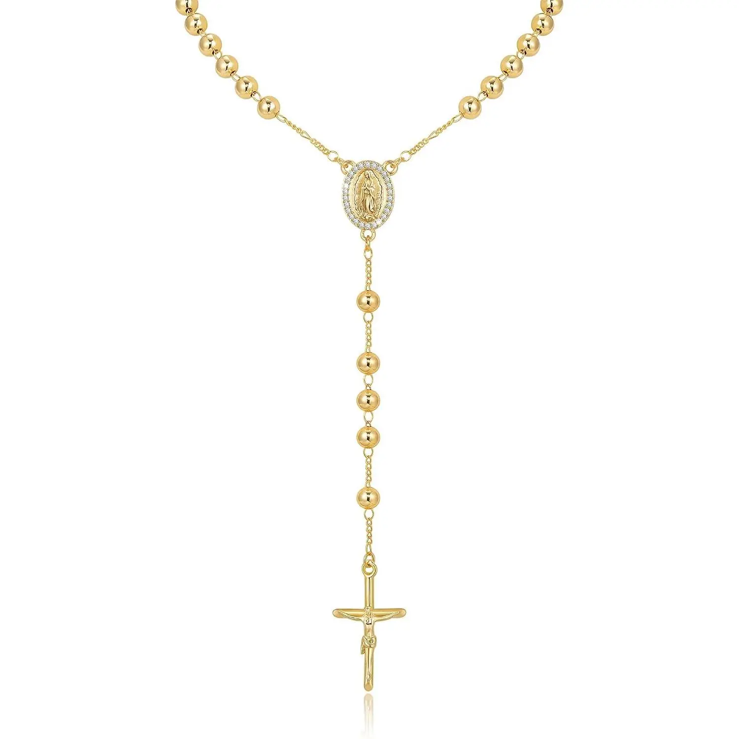 Gold Rosary Necklace for Women - 14k Gold Plated Virgin Mary Necklaces,Non Tarnish Golden Catholic Rosary Beads Cross Y Necklace,Rosarios Catolicos Crucifix Jewelry,Religious Virgen de Guadalupe Gift