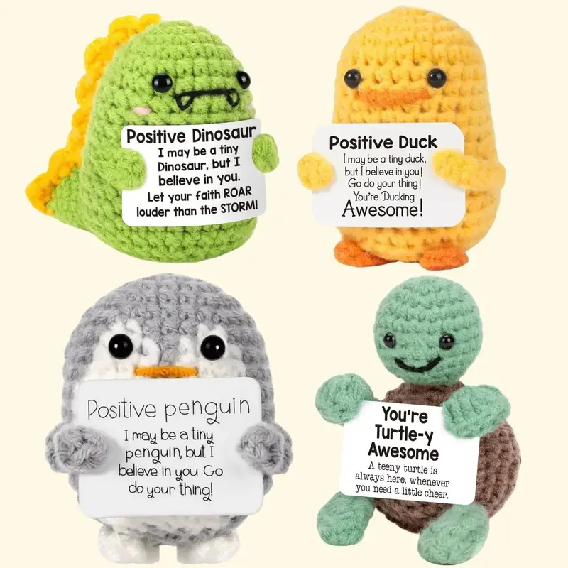 【New Year Gift】Mini Funny Positive Crochet Animals Gifts, Emotional Cheer Support Inspirational Gift for Women Men Friends Coworkers, Cute Turtle Duck Penguin Dinosaur Handmade Knitted Animal Doll for Decoration