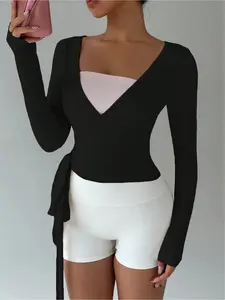 Women's Multicolor Yoga Fitness Front-Tie V-Neck Long Sleeve Cropped Tee, Athletic Yoga Shirts, Gym Workout Tops, a minimalist and elegant essential for spring and autumn seasons