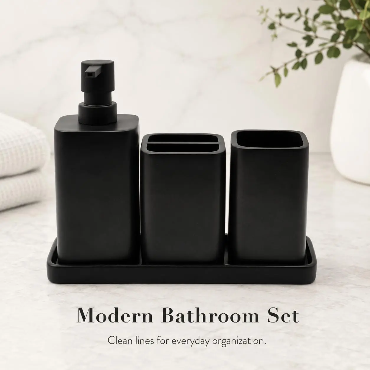 4-Piece Bathroom Accessory Set with Soap Dispenser, Toothbrush Holder, Tumbler, and Tray - Matte Black Vanity Set