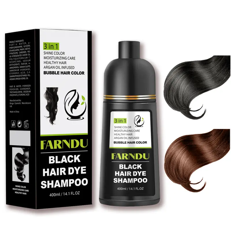 FARNDU Hair Dye Shampoo, Gray Coverage, 3 in 1 (+Shampoo+Conditioner), 10 Minute Color for Men & Women, All Hair Types, Long Lasting, 400ml