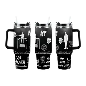 NF "The Search" Fan Art 40oz Insulated Tumbler, Aesthetic NF-Inspired 40oz Tumbler, Hey Nate, How's Life?" Lyric Graphic Travel Cup |   Matte Black Stainless Steel Mug, Black & White Lyric Design Travel Mug with Handle - Hip Hop Music Inspired Gift for Fa