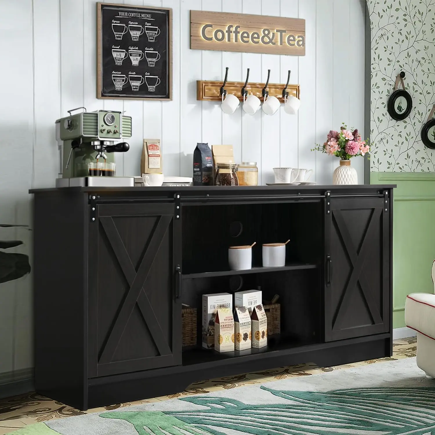 [SummerSale] HOMBCK Farmhouse Coffee Bar Cabinet with Storage, 58" Sideboard Buffet Cabinet with Storage, Sideboard Cabinet for Living Room #home essentials#back to school