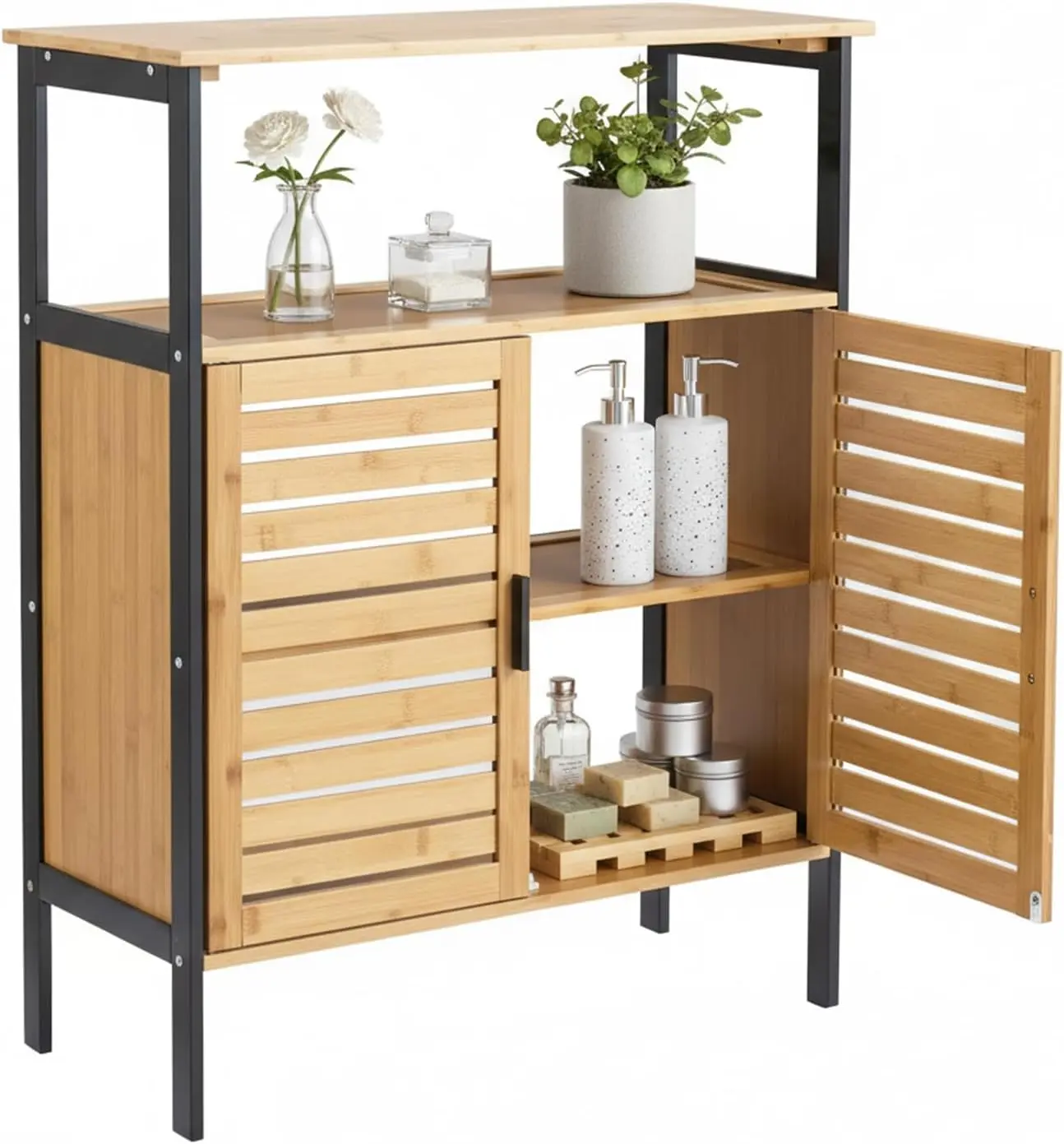 25" Bamboo Bathroom Storage Cabinet, Freestanding Floor Cabinet with Double Slatted Doors and Open Shelf, Modern Storage Organizer for Bathroom, Kitchen, and Living Room