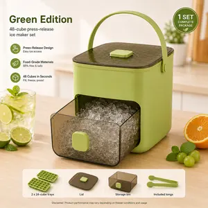 Green 48-Cube Ice Tray Box with Lid, Press Release Ice Maker, Ice Cube Storage Bin with Tongs for Kitchen Drinks Freezer Summer Parties