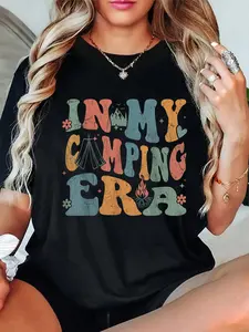100% Cotton Camping In My Camping Era Retro Groovy Summer Funny Camping T-Shirt Round Neck Short Sleeve T-Shirt Women's Men's Graphic Tee