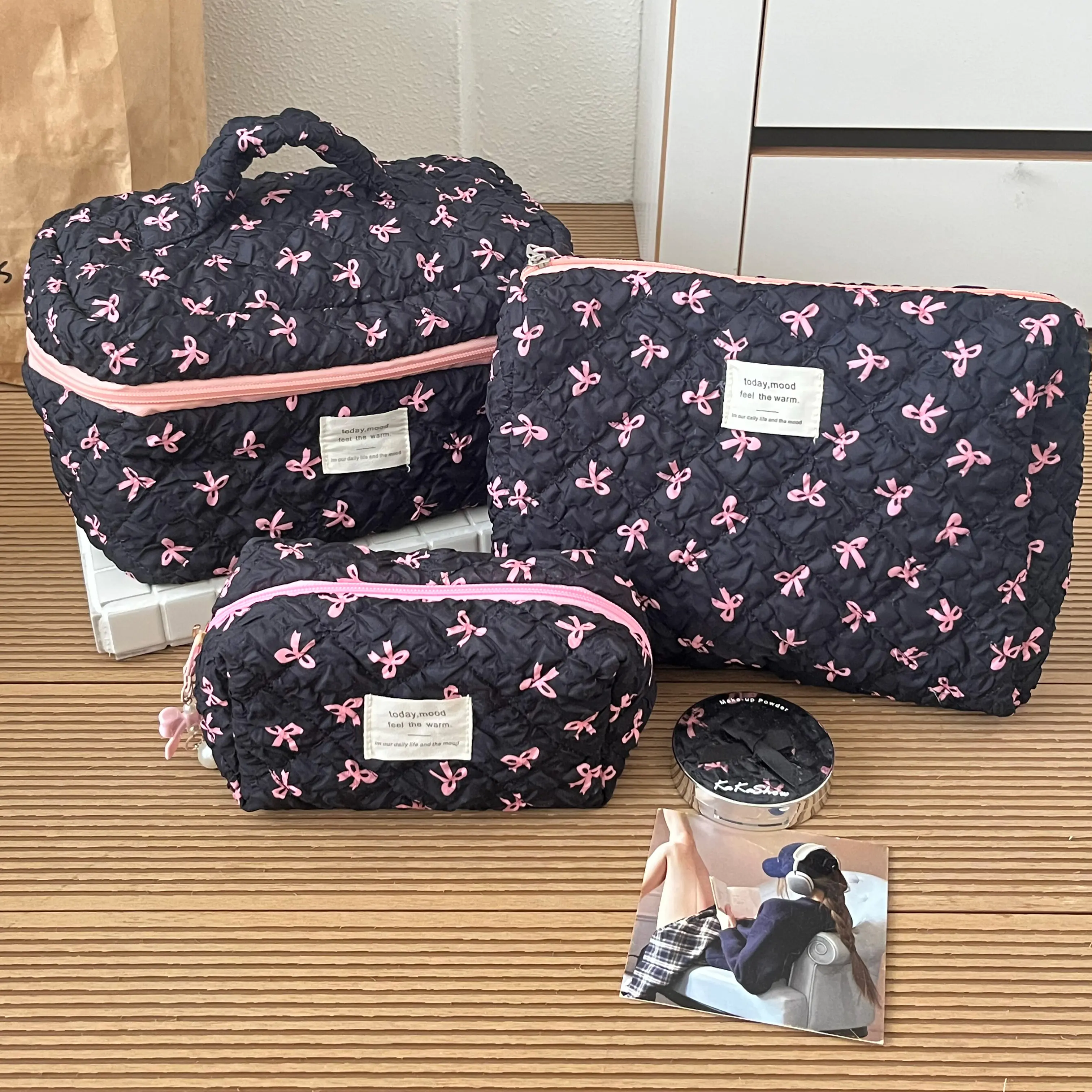 Wrinkled Bow Three-Piece Set - [Black]