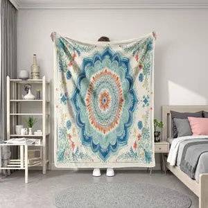Bohemian Mandala Blanket with Blue Floral Pattern, Soft Comfortable Digital Print, All-Season Multi-Purpose Nap Blanket, Perfect Gift