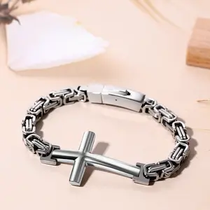 OIDEA Men's Stainless Steel Cross Bracelet, Byzantine Chain Christian Link Jewelry, Hip Hop Rock Religious Faith Gift for Catholic Christians (Easter, Baptism, Communion) - Stainless Steel Bracelets,summerwins