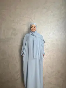 Women's Solid Drop Shoulder Hooded Kaftan & Hijab Set, Modest Bishop Sleeve Pocket Dress & Hijab for Daily Wear, Women's Islamic Clothing