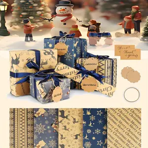 10 Pcs Gift Box Wrapping Paper, Gift Wrapping Bag, 50 X 76 Cm, Christmas Wrapping Paper with 5m Ribbon, 10 Kraft Paper Labels, 10 Information Cards, 1 Double-sided Tape, Suitable for Holiday Gift Giving