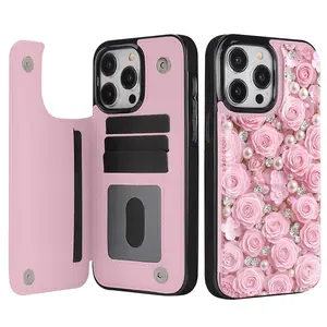 Made of faux leather and decorated with a pearl and rose pattern. A perfect gift for friends and family during the holidays.Stylish Card Holder Phone Case: Compatible with iPhone 17 16 15 14 13 12 Pro Max Plus and Air.