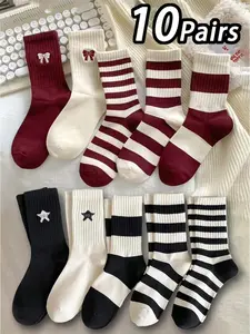 Women's Ribbed Striped & Butterfly & Star Print Crew Socks, Casual Comfy Soft Breathable Fitted Mid-calf Socks for Everyday Wear, Women's Socks for All Seasons, Feminine Lady Socks, Womenswear